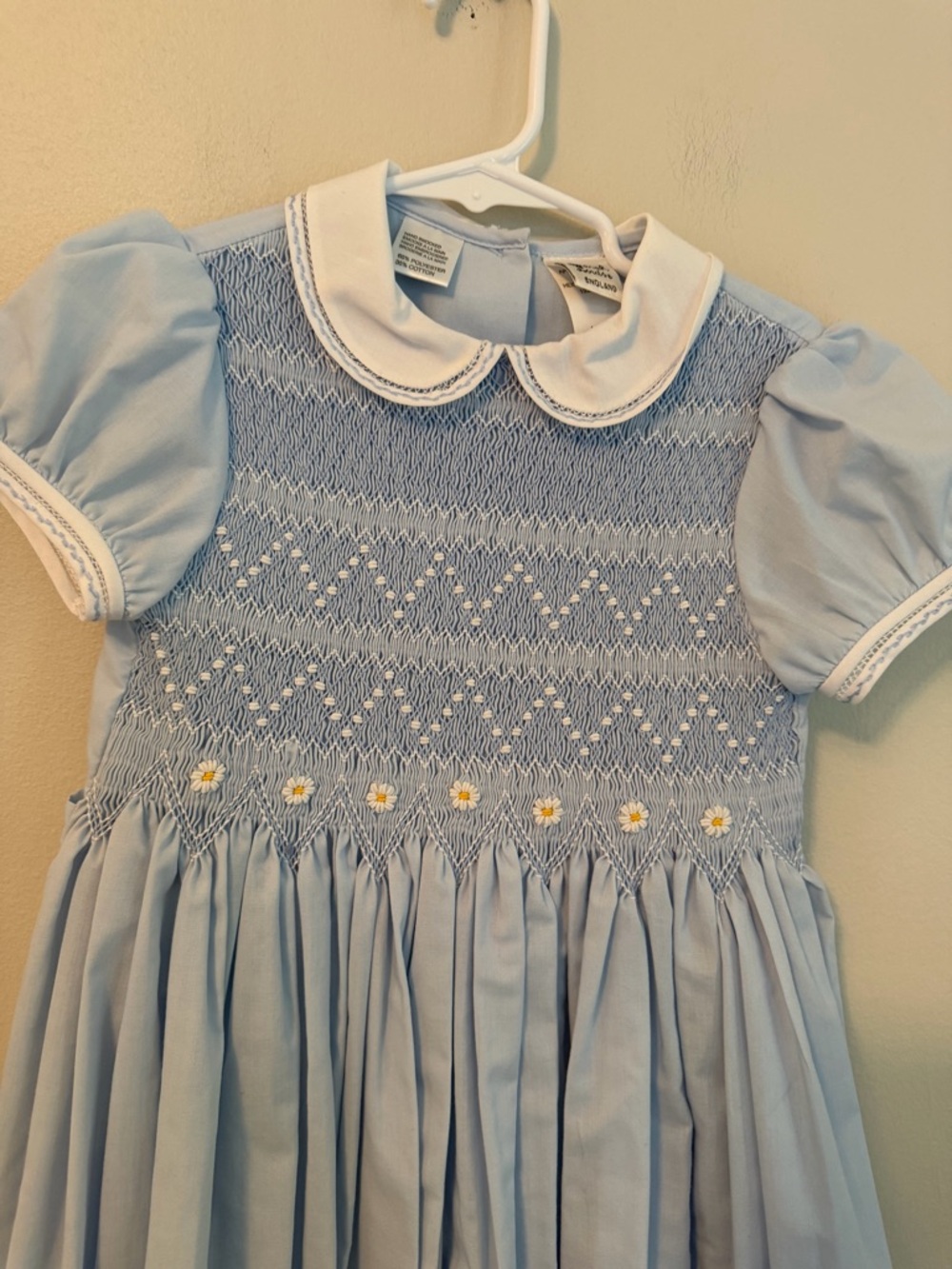 Sarah Louise Light Blue Hand Smocked Peter Pan Collar Dress - Picture 2 of 5